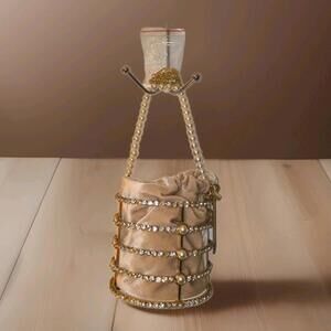 Rhinestone & Pearl Metal Frame Tube Clutch With Gold Purse Chain & Nude Bag NIB